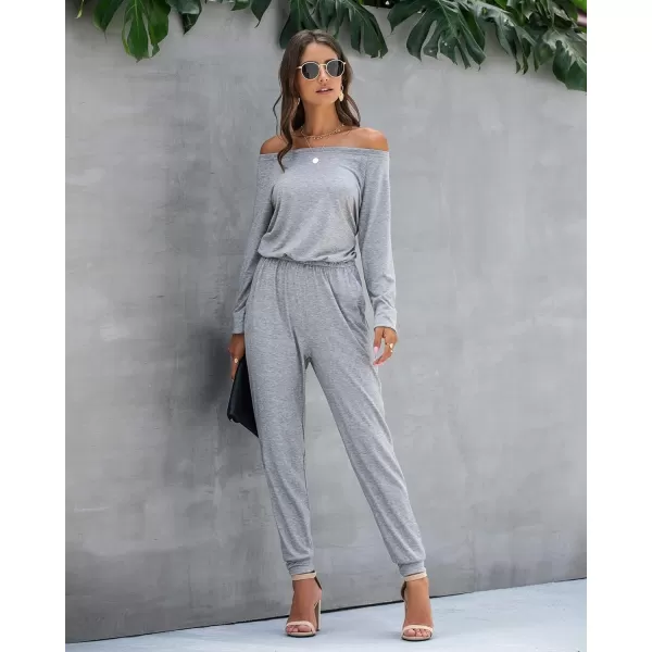 imagePRETTYGARDEN Womens Casual Long Sleeve Jumpsuit Crewneck One Off Shoulder Elastic Waist Stretchy RomperGrey