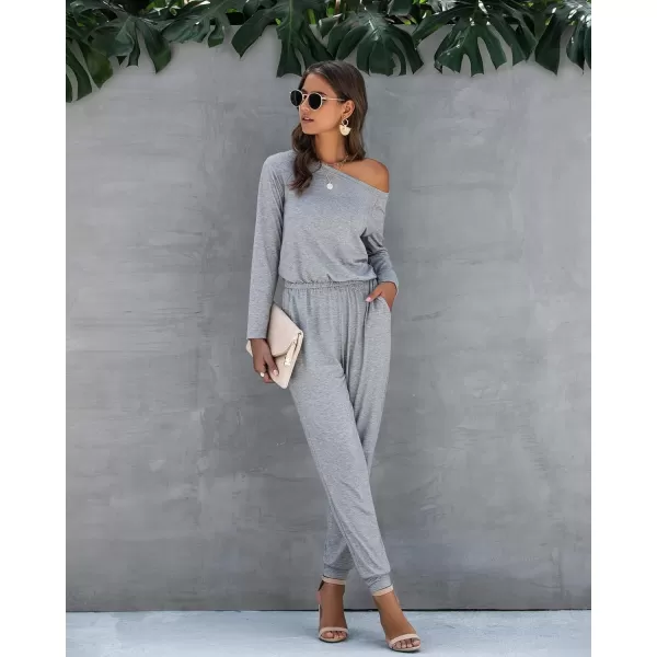 imagePRETTYGARDEN Womens Casual Long Sleeve Jumpsuit Crewneck One Off Shoulder Elastic Waist Stretchy RomperGrey