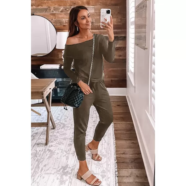 imagePRETTYGARDEN Womens Casual Long Sleeve Jumpsuit Crewneck One Off Shoulder Elastic Waist Stretchy RomperKhaki