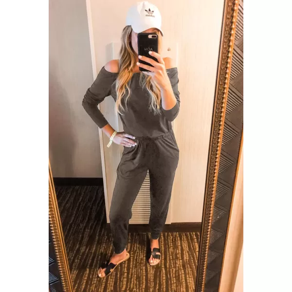 imagePRETTYGARDEN Womens Casual Long Sleeve Jumpsuit Crewneck One Off Shoulder Elastic Waist Stretchy RomperKhaki