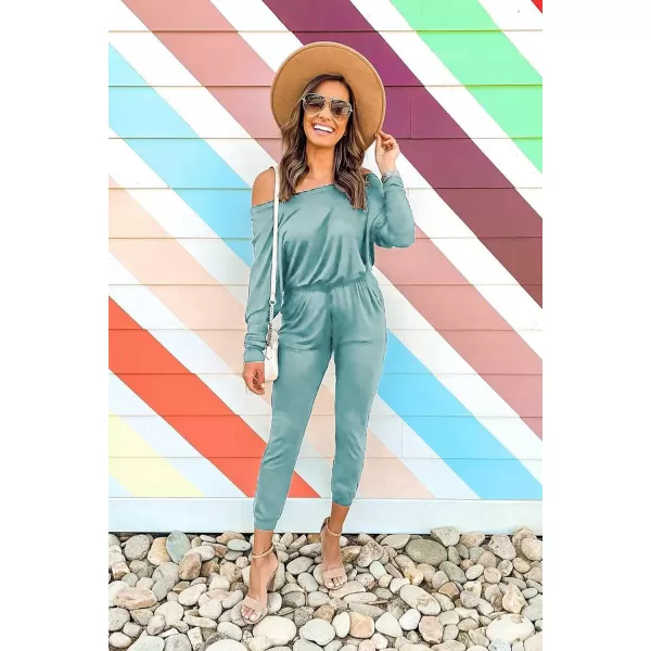 imagePRETTYGARDEN Womens Casual Long Sleeve Jumpsuit Crewneck One Off Shoulder Elastic Waist Stretchy RomperLight Green