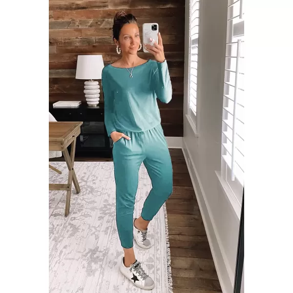 imagePRETTYGARDEN Womens Casual Long Sleeve Jumpsuit Crewneck One Off Shoulder Elastic Waist Stretchy RomperLight Green