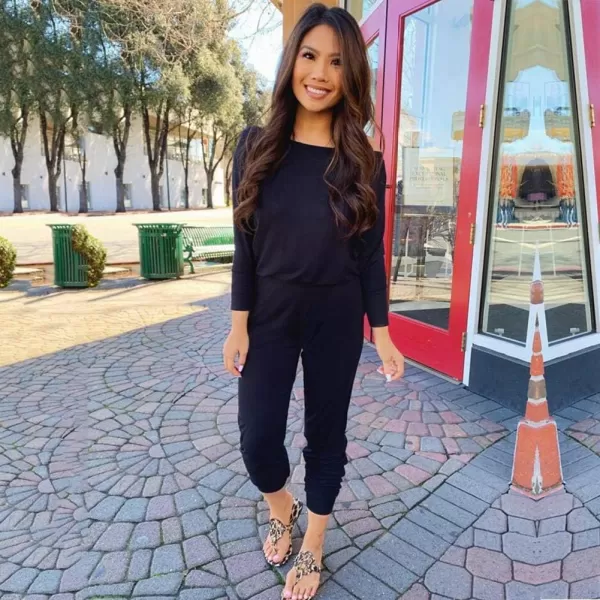imagePRETTYGARDEN Womens Casual Long Sleeve Jumpsuit Crewneck One Off Shoulder Elastic Waist Stretchy RomperNavy