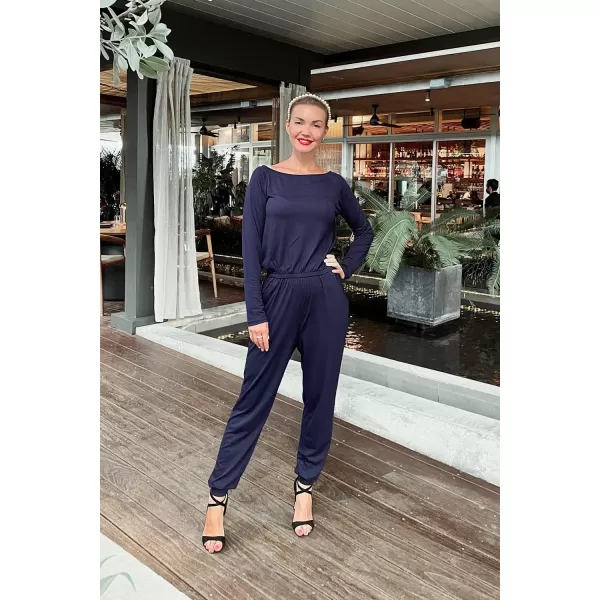imagePRETTYGARDEN Womens Casual Long Sleeve Jumpsuit Crewneck One Off Shoulder Elastic Waist Stretchy RomperNavy