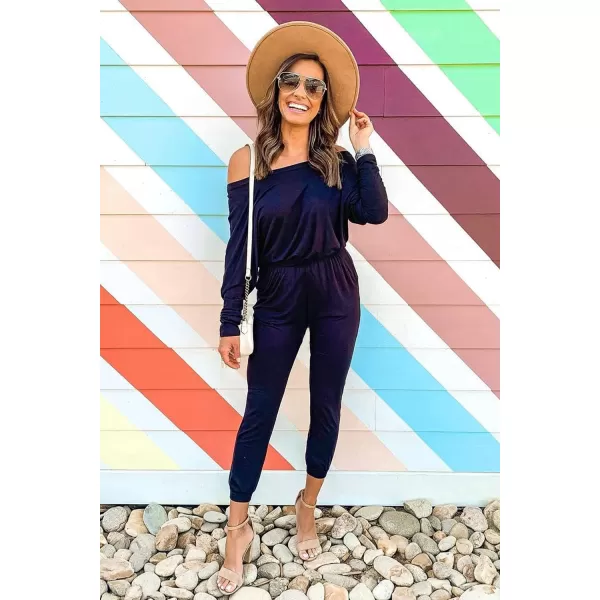 imagePRETTYGARDEN Womens Casual Long Sleeve Jumpsuit Crewneck One Off Shoulder Elastic Waist Stretchy RomperNavy