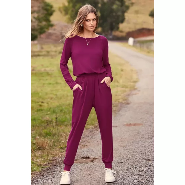 imagePRETTYGARDEN Womens Casual Long Sleeve Jumpsuit Crewneck One Off Shoulder Elastic Waist Stretchy RomperPurple