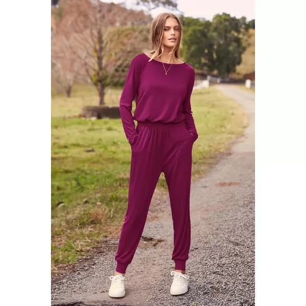 imagePRETTYGARDEN Womens Casual Long Sleeve Jumpsuit Crewneck One Off Shoulder Elastic Waist Stretchy RomperPurple