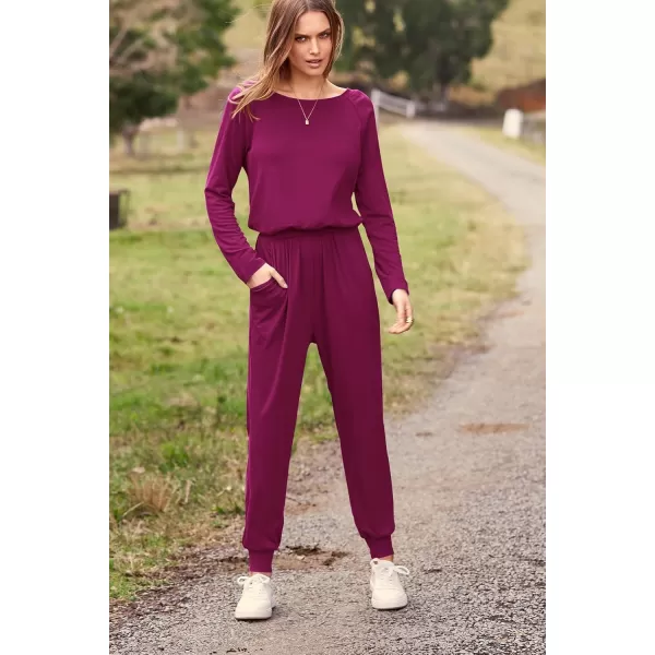 imagePRETTYGARDEN Womens Casual Long Sleeve Jumpsuit Crewneck One Off Shoulder Elastic Waist Stretchy RomperPurple