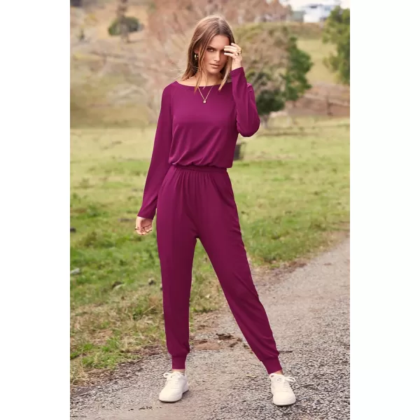 imagePRETTYGARDEN Womens Casual Long Sleeve Jumpsuit Crewneck One Off Shoulder Elastic Waist Stretchy RomperPurple