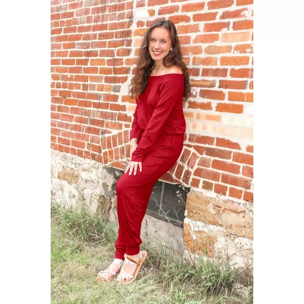 imagePRETTYGARDEN Womens Casual Long Sleeve Jumpsuit Crewneck One Off Shoulder Elastic Waist Stretchy RomperRed