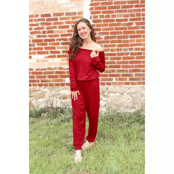 imagePRETTYGARDEN Womens Casual Long Sleeve Jumpsuit Crewneck One Off Shoulder Elastic Waist Stretchy RomperRed