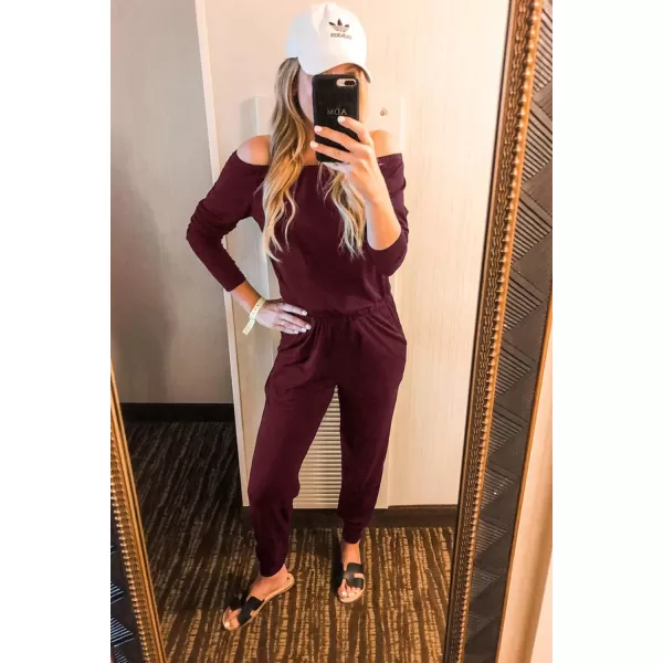 imagePRETTYGARDEN Womens Casual Long Sleeve Jumpsuit Crewneck One Off Shoulder Elastic Waist Stretchy RomperWine Red