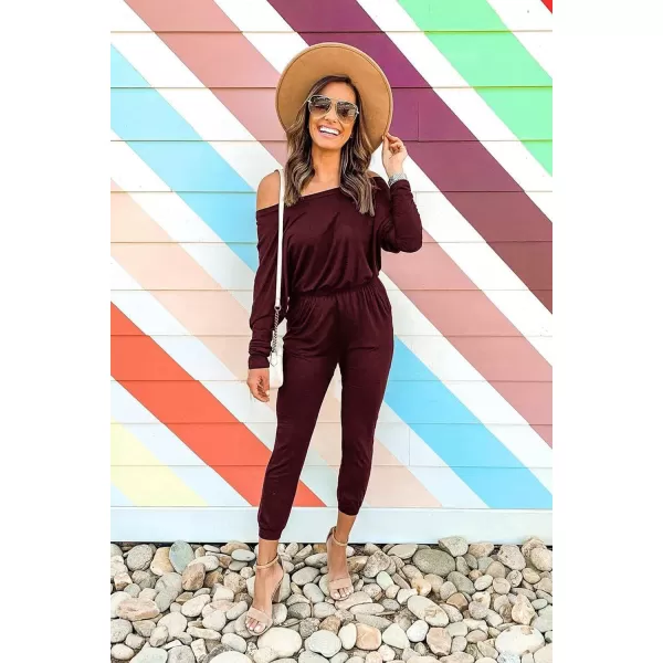 imagePRETTYGARDEN Womens Casual Long Sleeve Jumpsuit Crewneck One Off Shoulder Elastic Waist Stretchy RomperWine Red