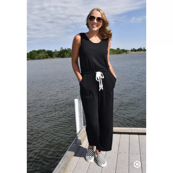 imagePRETTYGARDEN Womens Casual Sleeveless Solid Jumpsuit Crewneck Drawstring Waist Stretchy Long Pants RomperAblack