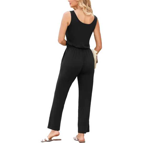 imagePRETTYGARDEN Womens Casual Sleeveless Solid Jumpsuit Crewneck Drawstring Waist Stretchy Long Pants RomperAblack