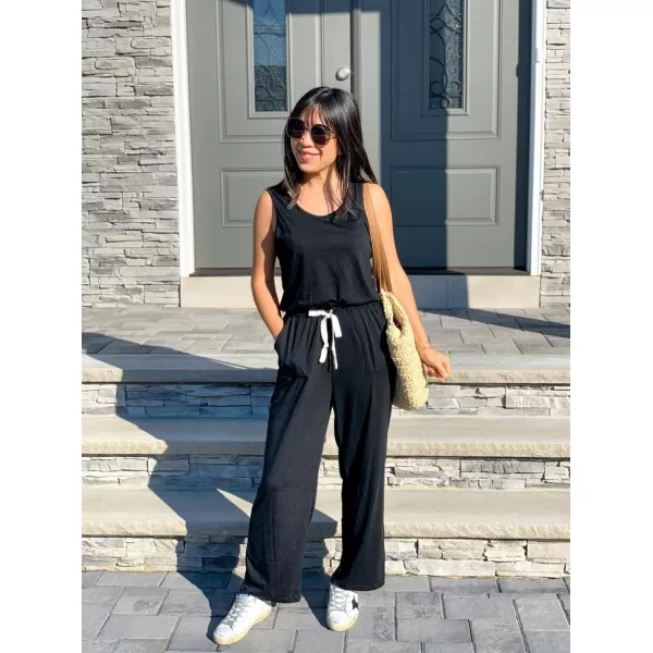imagePRETTYGARDEN Womens Casual Sleeveless Solid Jumpsuit Crewneck Drawstring Waist Stretchy Long Pants RomperAblack