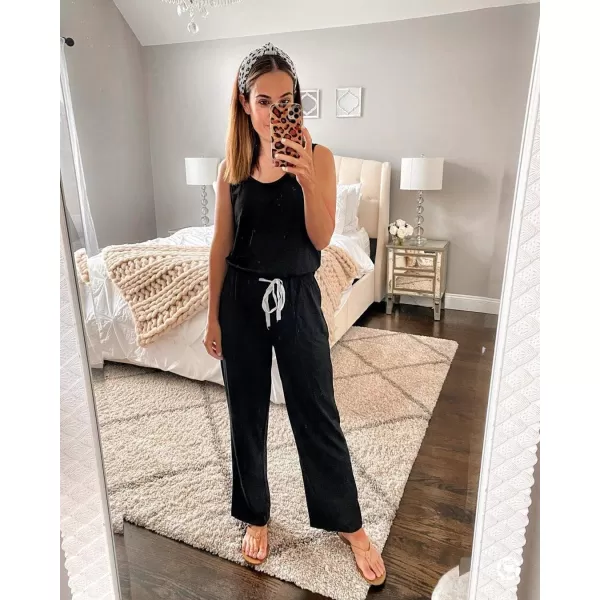 imagePRETTYGARDEN Womens Casual Sleeveless Solid Jumpsuit Crewneck Drawstring Waist Stretchy Long Pants RomperAblack