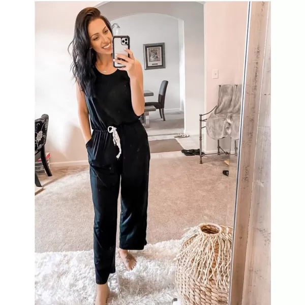 imagePRETTYGARDEN Womens Casual Sleeveless Solid Jumpsuit Crewneck Drawstring Waist Stretchy Long Pants RomperAblack