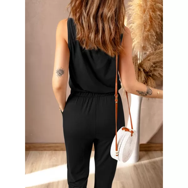imagePRETTYGARDEN Womens Casual Sleeveless Solid Jumpsuit Crewneck Drawstring Waist Stretchy Long Pants RomperButton Downblack