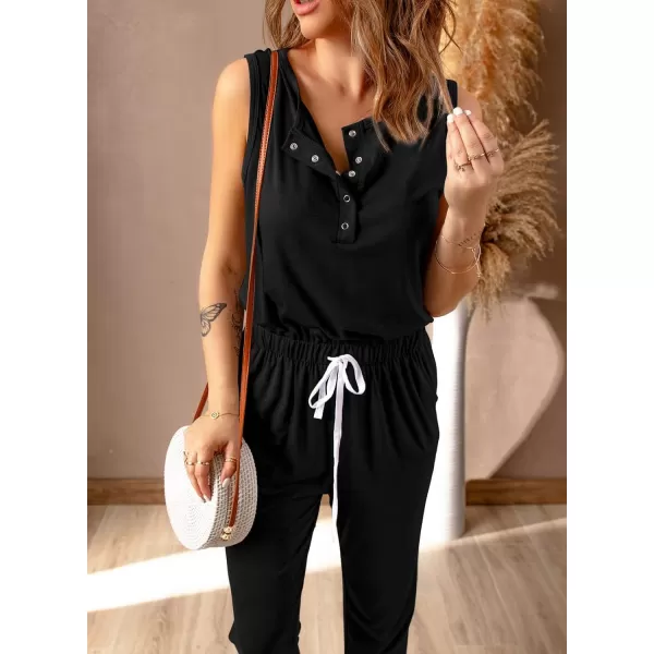 imagePRETTYGARDEN Womens Casual Sleeveless Solid Jumpsuit Crewneck Drawstring Waist Stretchy Long Pants RomperButton Downblack