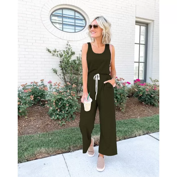 imagePRETTYGARDEN Womens Casual Sleeveless Solid Jumpsuit Crewneck Drawstring Waist Stretchy Long Pants RomperZarmy Green