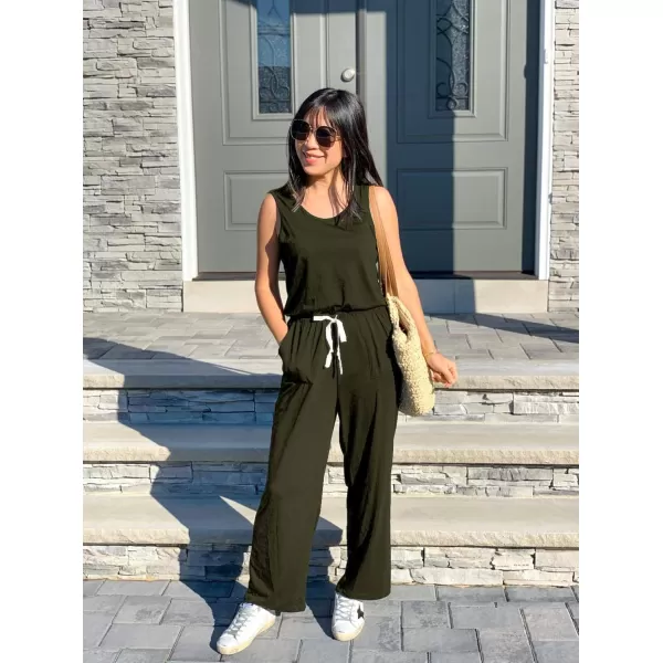 imagePRETTYGARDEN Womens Casual Sleeveless Solid Jumpsuit Crewneck Drawstring Waist Stretchy Long Pants RomperZarmy Green