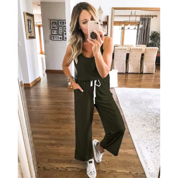 imagePRETTYGARDEN Womens Casual Sleeveless Solid Jumpsuit Crewneck Drawstring Waist Stretchy Long Pants RomperZarmy Green