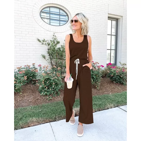 imagePRETTYGARDEN Womens Casual Sleeveless Solid Jumpsuit Crewneck Drawstring Waist Stretchy Long Pants RomperZcoffee