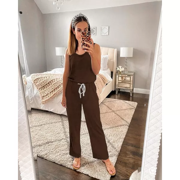 imagePRETTYGARDEN Womens Casual Sleeveless Solid Jumpsuit Crewneck Drawstring Waist Stretchy Long Pants RomperZcoffee