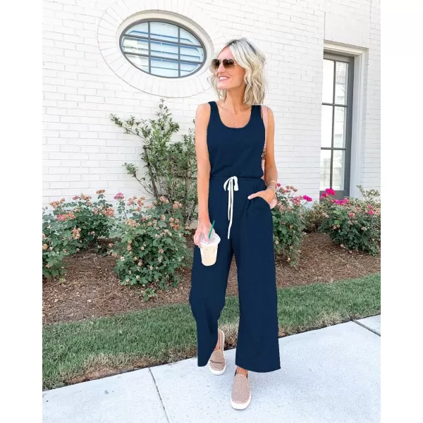 imagePRETTYGARDEN Womens Casual Sleeveless Solid Jumpsuit Crewneck Drawstring Waist Stretchy Long Pants RomperZdark Blue