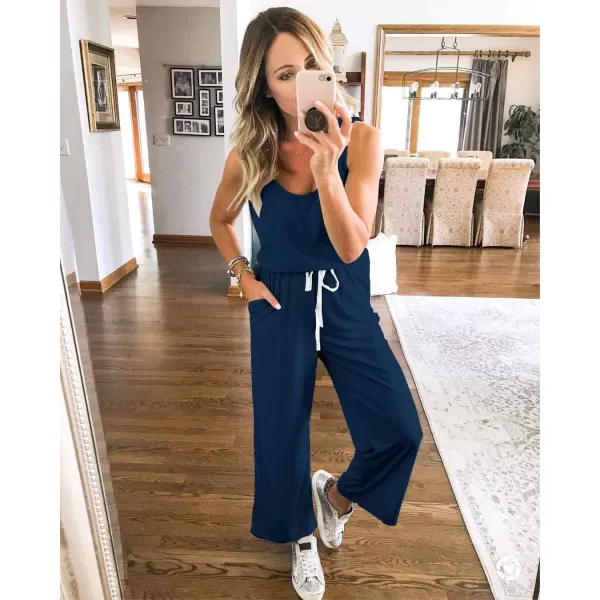 imagePRETTYGARDEN Womens Casual Sleeveless Solid Jumpsuit Crewneck Drawstring Waist Stretchy Long Pants RomperZdark Blue