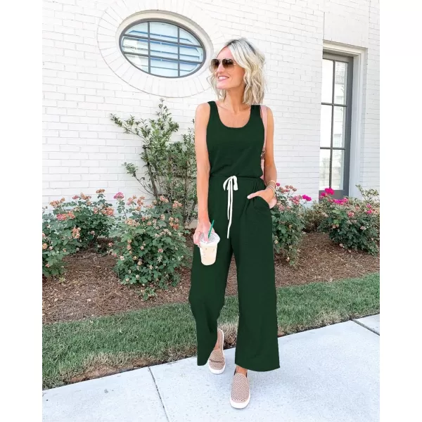 imagePRETTYGARDEN Womens Casual Sleeveless Solid Jumpsuit Crewneck Drawstring Waist Stretchy Long Pants RomperZdark Green
