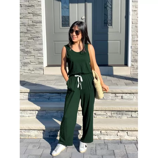 imagePRETTYGARDEN Womens Casual Sleeveless Solid Jumpsuit Crewneck Drawstring Waist Stretchy Long Pants RomperZdark Green