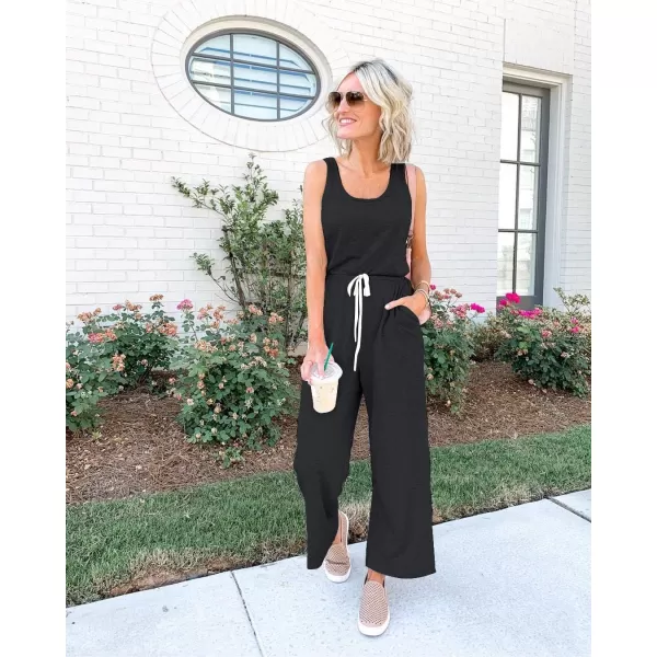 imagePRETTYGARDEN Womens Casual Sleeveless Solid Jumpsuit Crewneck Drawstring Waist Stretchy Long Pants RomperZdark Grey