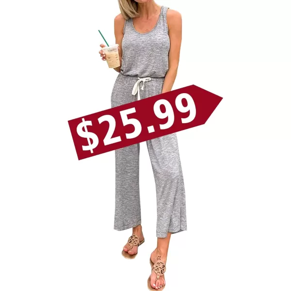 imagePRETTYGARDEN Womens Casual Sleeveless Solid Jumpsuit Crewneck Drawstring Waist Stretchy Long Pants RomperZgrey