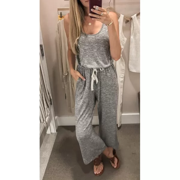 imagePRETTYGARDEN Womens Casual Sleeveless Solid Jumpsuit Crewneck Drawstring Waist Stretchy Long Pants RomperZgrey