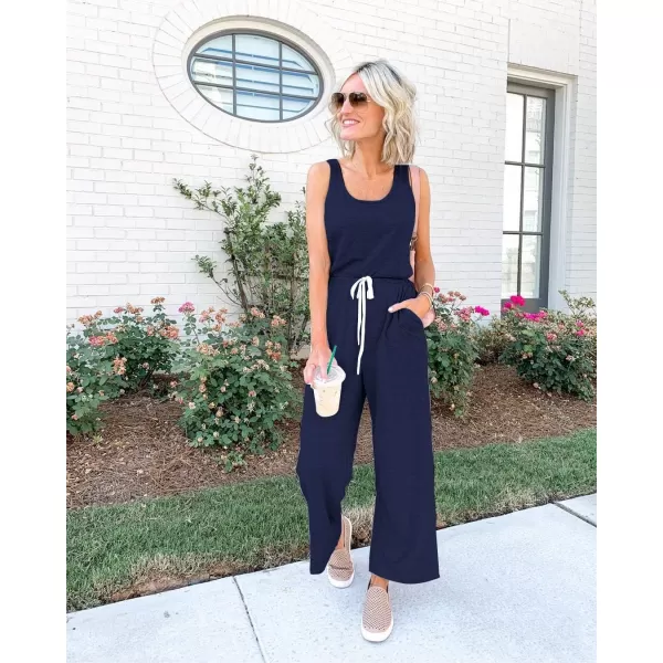 imagePRETTYGARDEN Womens Casual Sleeveless Solid Jumpsuit Crewneck Drawstring Waist Stretchy Long Pants RomperZnavy