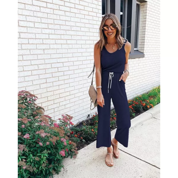 imagePRETTYGARDEN Womens Casual Sleeveless Solid Jumpsuit Crewneck Drawstring Waist Stretchy Long Pants RomperZnavy
