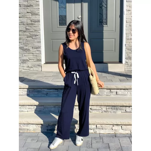 imagePRETTYGARDEN Womens Casual Sleeveless Solid Jumpsuit Crewneck Drawstring Waist Stretchy Long Pants RomperZnavy