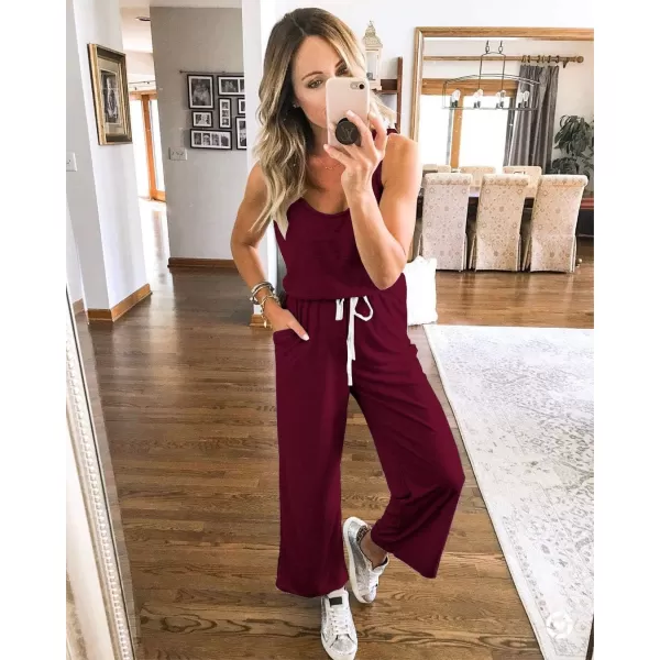 imagePRETTYGARDEN Womens Casual Sleeveless Solid Jumpsuit Crewneck Drawstring Waist Stretchy Long Pants RomperZwine Red