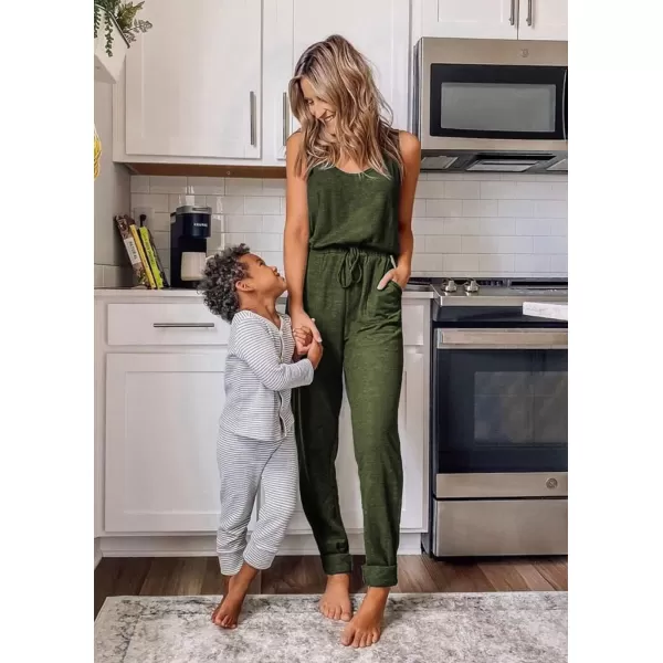 imagePRETTYGARDEN Womens Casual Tank Jumpsuits Sleeveless Drawstring Elastic Waist Loose Summer RomperArmy Green