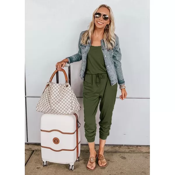 imagePRETTYGARDEN Womens Casual Tank Jumpsuits Sleeveless Drawstring Elastic Waist Loose Summer RomperArmy Green