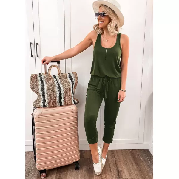 imagePRETTYGARDEN Womens Casual Tank Jumpsuits Sleeveless Drawstring Elastic Waist Loose Summer RomperArmy Green