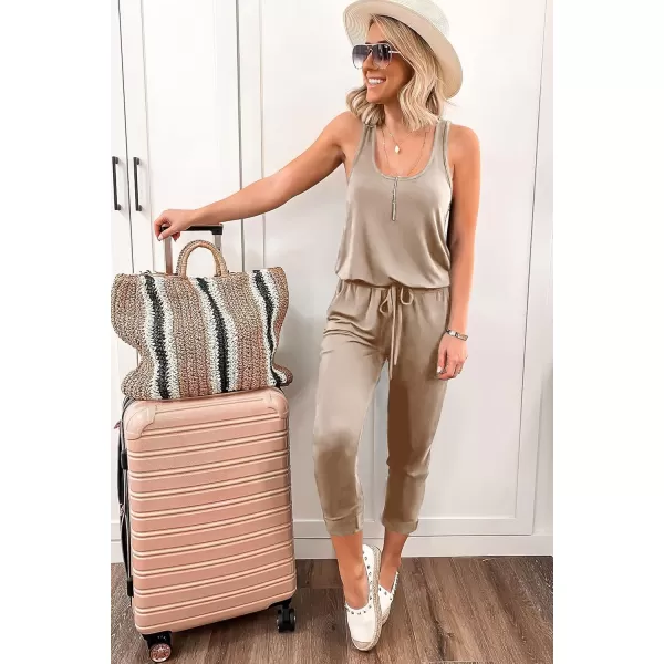 imagePRETTYGARDEN Womens Casual Tank Jumpsuits Sleeveless Drawstring Elastic Waist Loose Summer RomperBeige