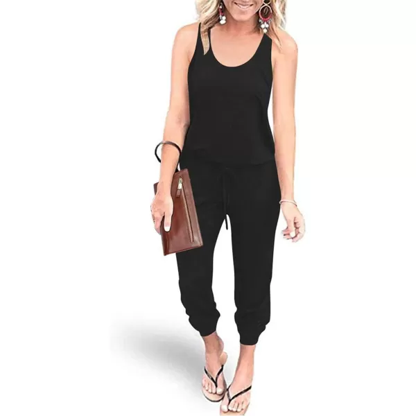 imagePRETTYGARDEN Womens Casual Tank Jumpsuits Sleeveless Drawstring Elastic Waist Loose Summer RomperBlack