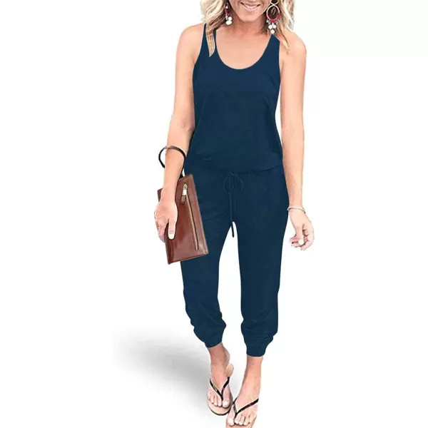 imagePRETTYGARDEN Womens Casual Tank Jumpsuits Sleeveless Drawstring Elastic Waist Loose Summer RomperDark Blue