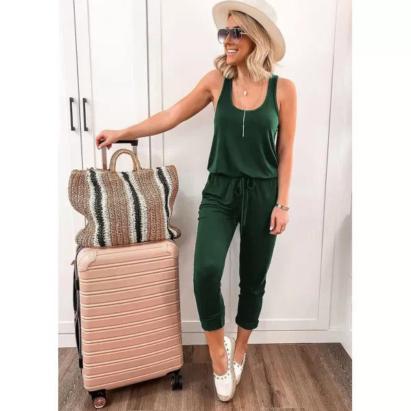 imagePRETTYGARDEN Womens Casual Tank Jumpsuits Sleeveless Drawstring Elastic Waist Loose Summer RomperDark Green