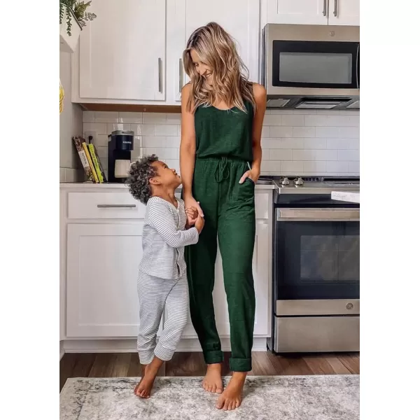 imagePRETTYGARDEN Womens Casual Tank Jumpsuits Sleeveless Drawstring Elastic Waist Loose Summer RomperDark Green