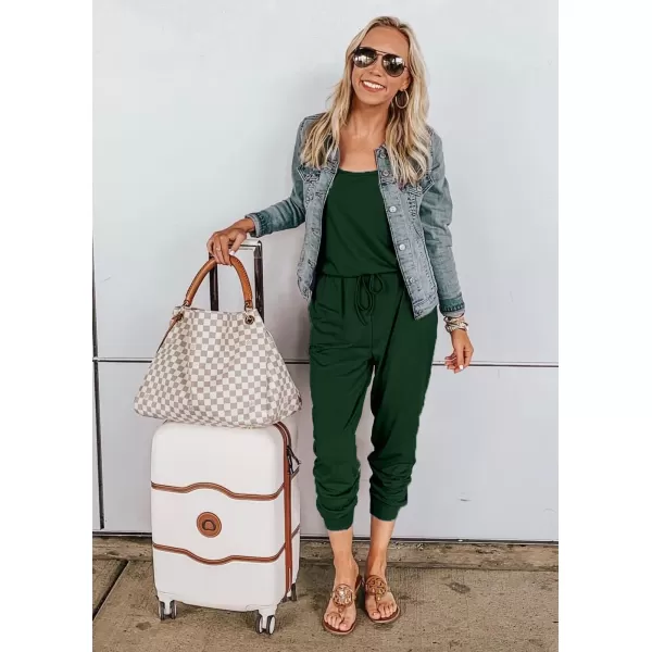 imagePRETTYGARDEN Womens Casual Tank Jumpsuits Sleeveless Drawstring Elastic Waist Loose Summer RomperDark Green