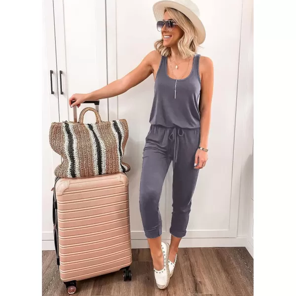 imagePRETTYGARDEN Womens Casual Tank Jumpsuits Sleeveless Drawstring Elastic Waist Loose Summer RomperDark Grey